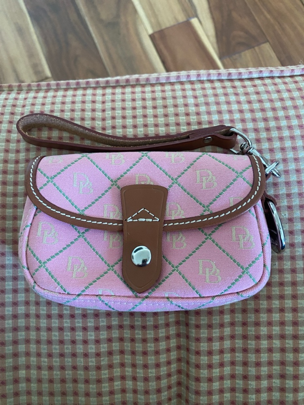 Vintage Dooney & Bourke Pink Wristlet Clutch with Brown Trim